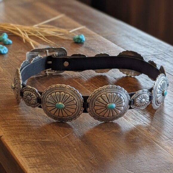Wild Time Fashion Accessories - Vintage Inspired Western Concho Belt Black Silver Turquoise NEW